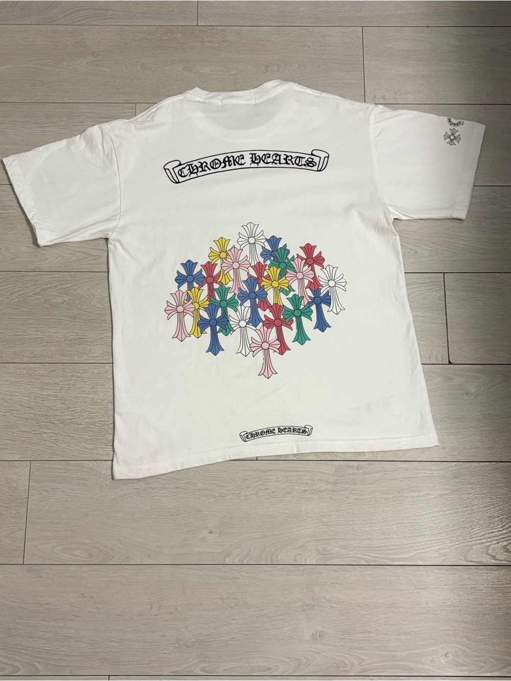 Chrome Hearts White Short-Sleeve Tee with Multicolored Cross Flowers